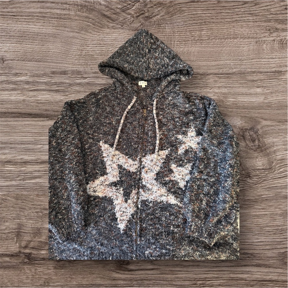 POL Gray Star Pattern Hooded Cardigan